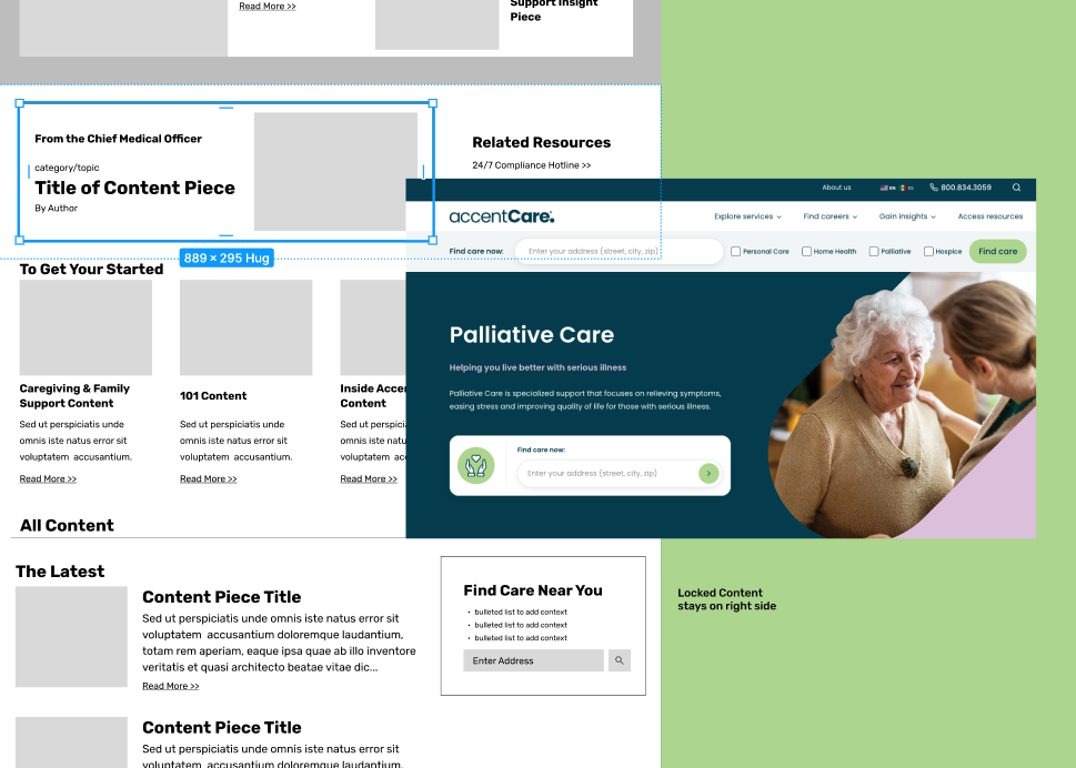 AccentCare website redesign showing content modules, a Palliative Care service page, and a find-care locator widget